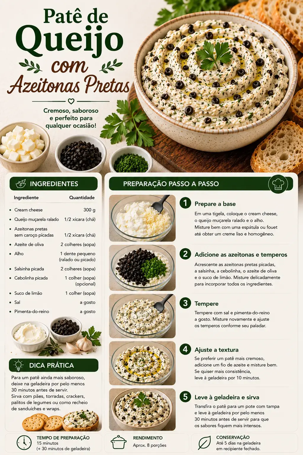 Receita de patê de queijo com azeitonas pretas