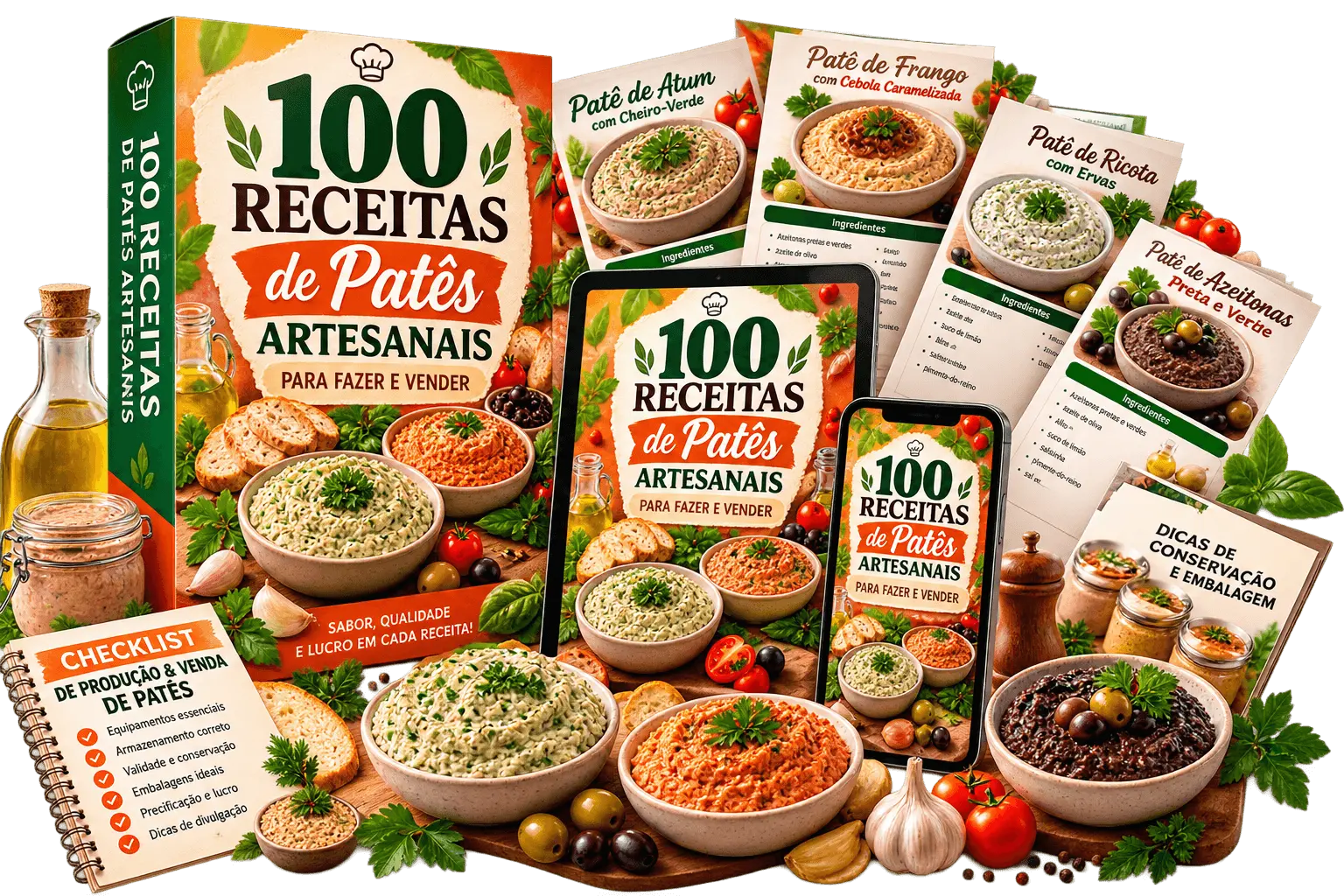 Mockup do ebook 100 Receitas de Patês Artesanais com bônus