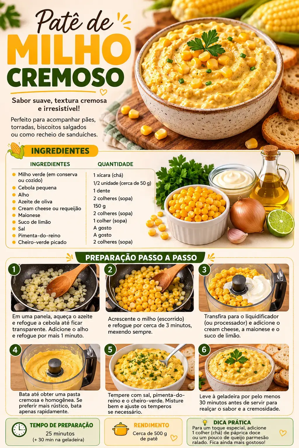 Receita de patê de milho cremoso