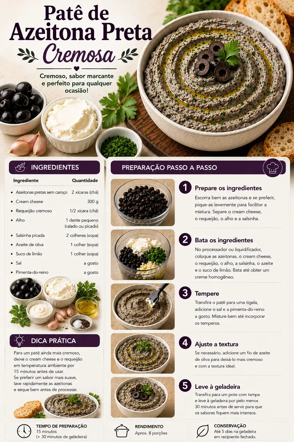 Receita de patê de azeitona preta cremosa