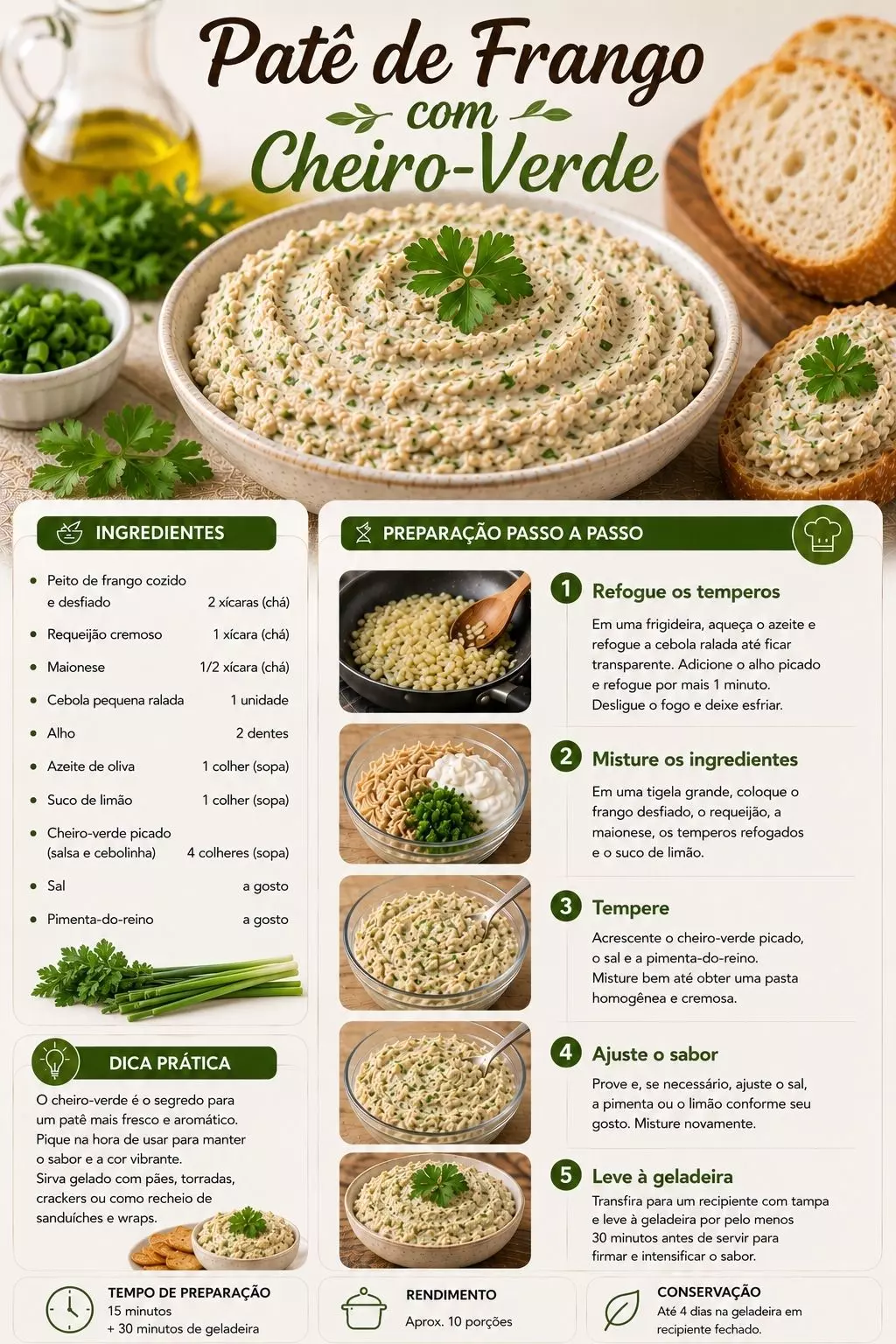 Receita de patê de frango com cheiro-verde