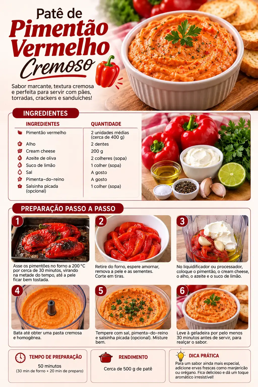 Receita de patê de pimentão vermelho cremoso
