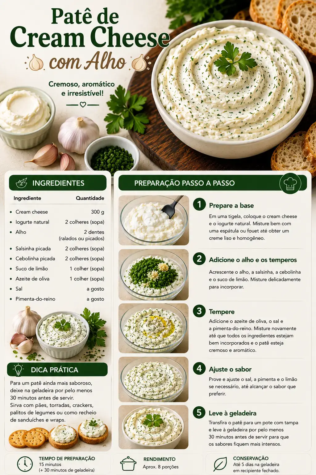 Receita de patê de cream cheese com alho